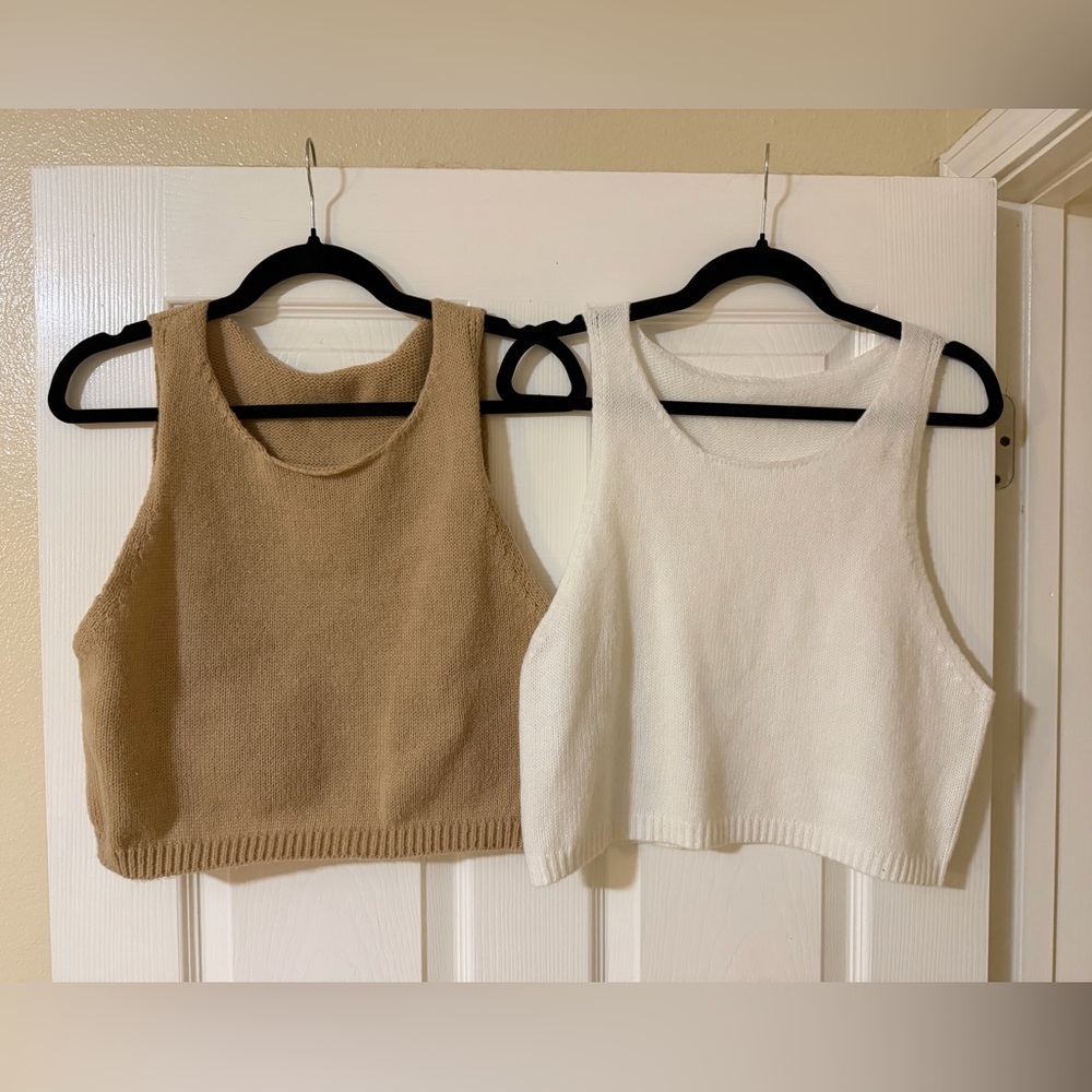 Cropped Knit Tank Tops — Cream & Tan